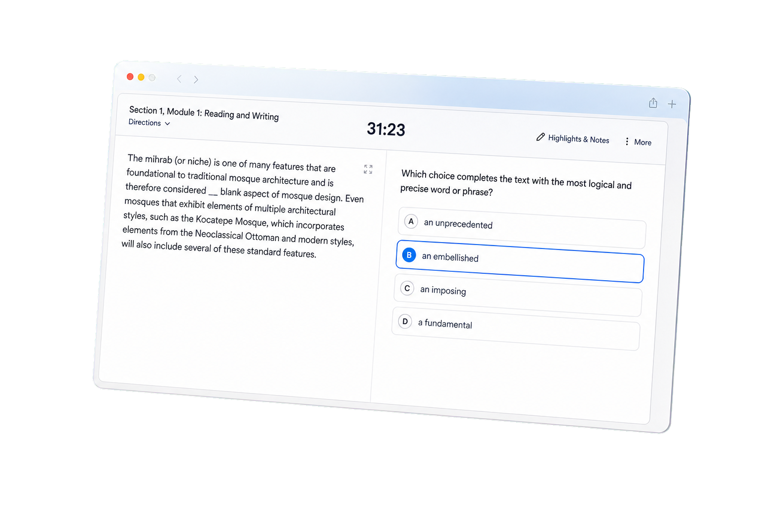 SATStation Digital SAT exam engine with a timed Reading and Writing question